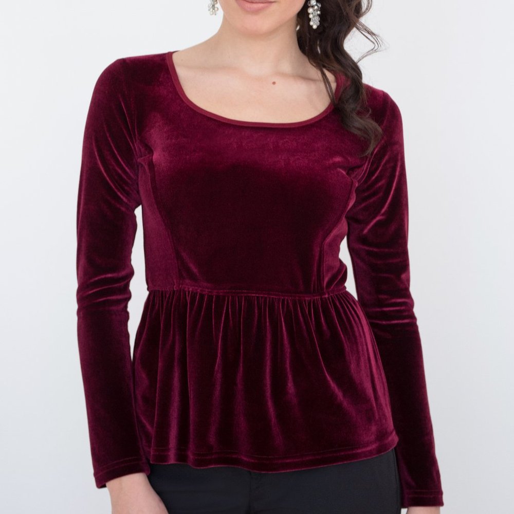 Burgundy velvet top elastic waist long sleeves